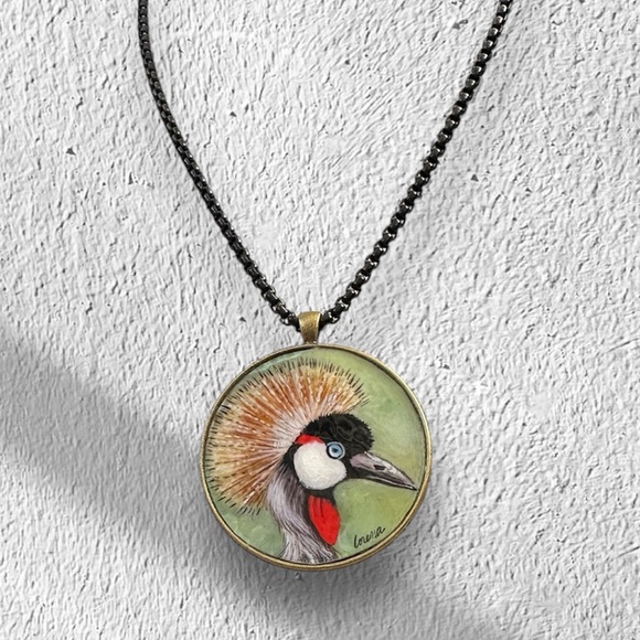 OOAK African crowned crane handpainted pendant brass bezel 16” black chain - Picture 9 of 9